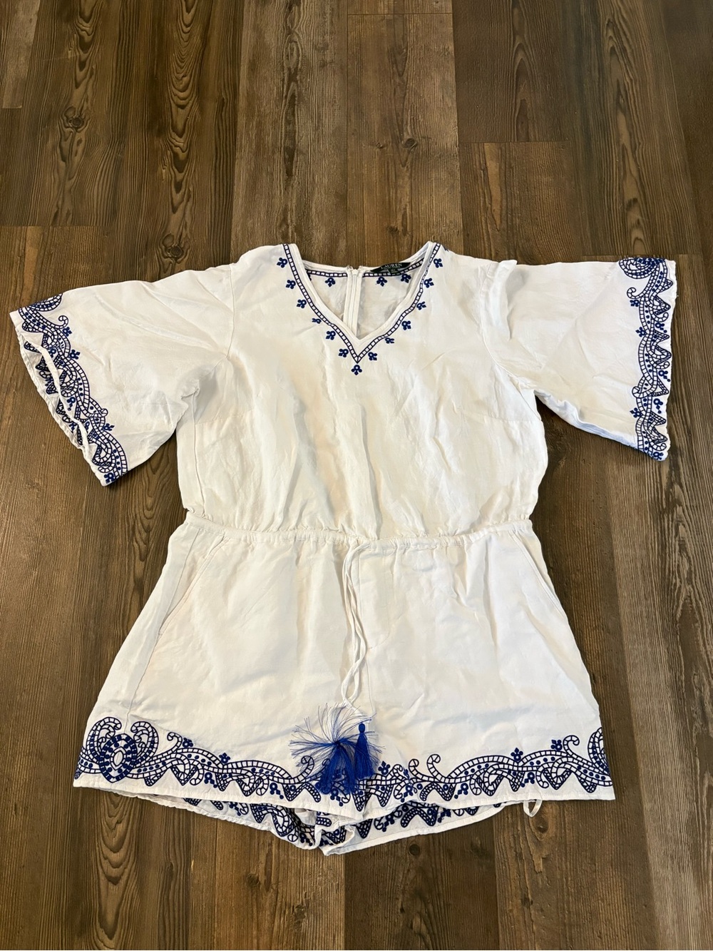 Ralph Lauren White shorts romper with Blue Embroidered Trim 16w